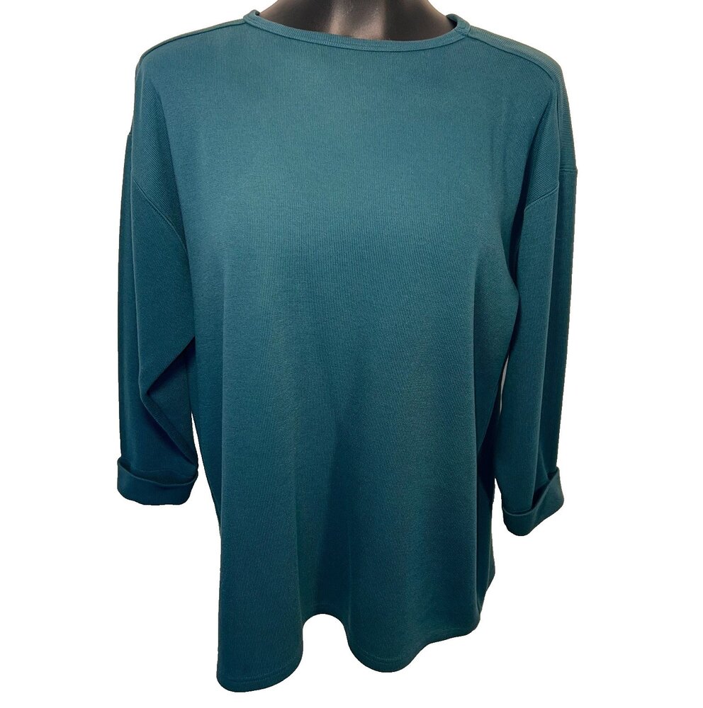 Express Sweatshirt Womens S Teal Green Oversized Tricot Ribbed 3/4 Cuffed Slve